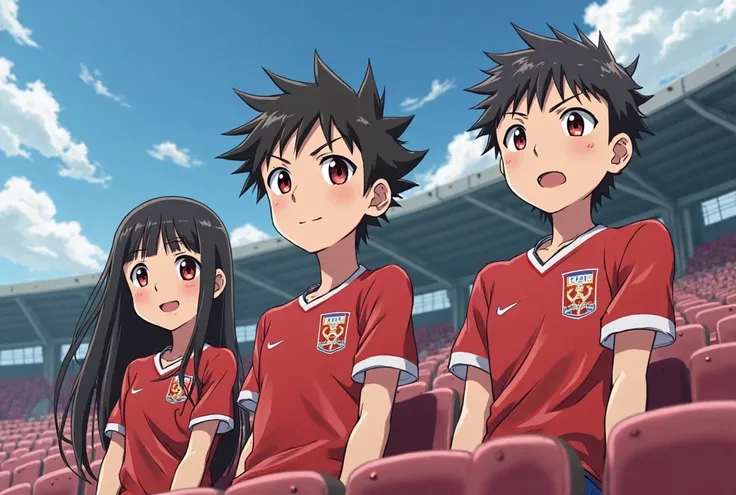 A généré une bonne image d'une famille japonaise de 3 frères âgés de 18 ans d'anime 
Une mère de 21 ans aux cheveux artificiels élégants et aux yeux rouges charismatiques et puissants est sont au stade de foot remplie de monde .sont dans les tribune entrai...