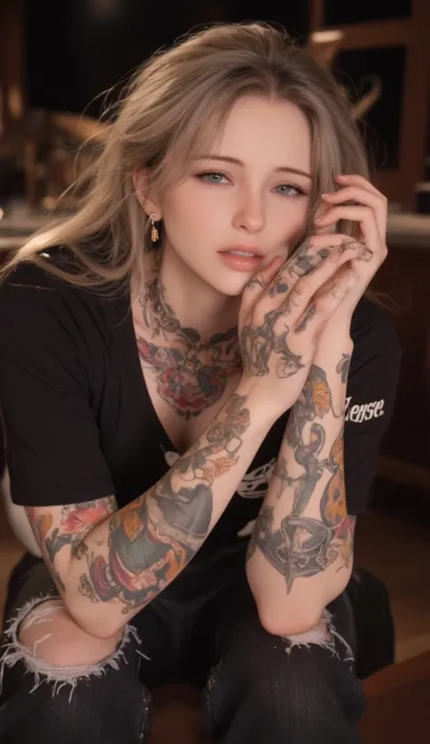 ((sexy portrait, (from above, Dynamic shot), Bold and seductive pose), a beautiful blonde woman, Long hair, tattooed body, tattooed hands, tattooed neck, Alone, colorful sweet sigh, Melancholic weakness, Passionate dating, (wearing a T-shirt, ripped jeans,...