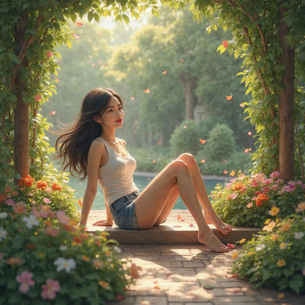 A Thai woman with long hair, wearing shorts and a white tank top, is sitting comfortably in a beautiful garden.