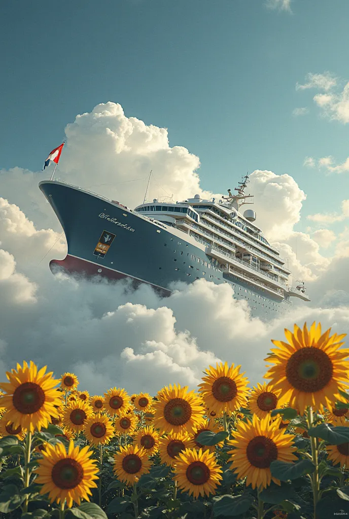 A big yacht crashed over the clouds with a lots of sunflowers over the clouds. Create this poster for a song and there is a title word "INFATUATION" written on the poster.