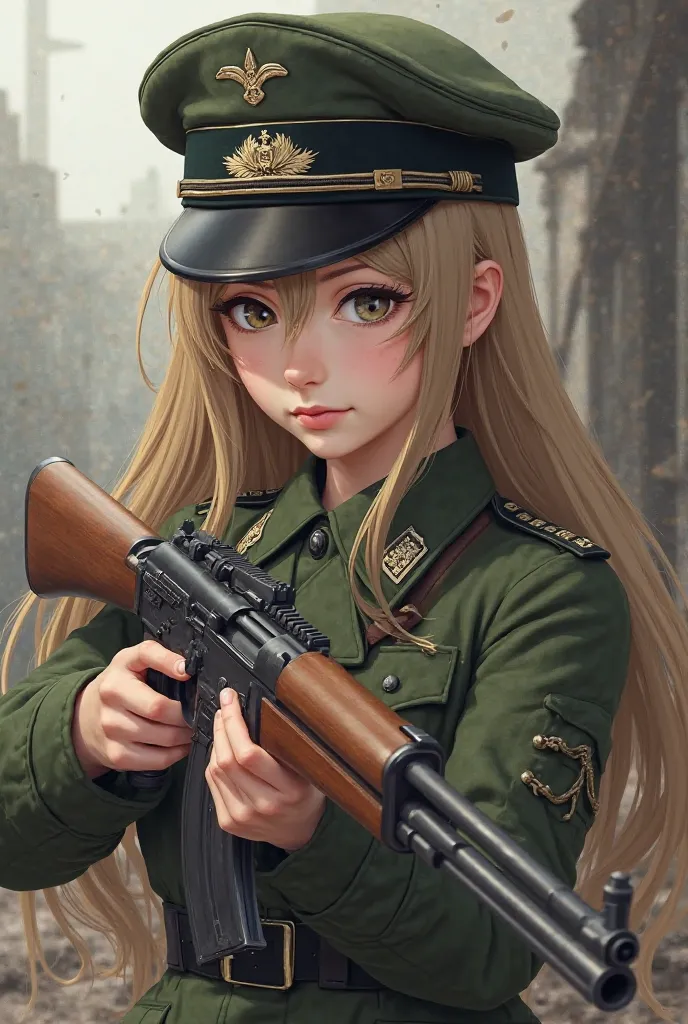 Anime girl in a Wehrmacht uniform with an mp38 machine gun/40 in the hands and with long light brown hair