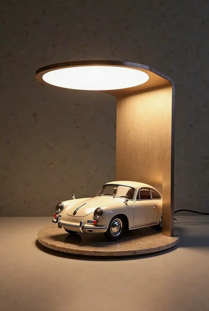 luxury table lamp with a diecast Porsche model as the base, modern minimalist design with brushed metal base, ambient LED lighting illuminating the Porsche, clean lines, high-end materials like marble and polished chrome, soft lighting effect, sophisticate...