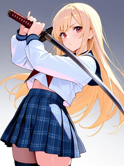 8k,masterpiece, best quality, ultra detailed, high resolution, super fine illustration, 1girl, solo, red eyes, blonde hair, long hair, school uniform, serafuku, pleated skirt, plaid skirt, thighhighs, holding Japanese sword,looking at viewer,