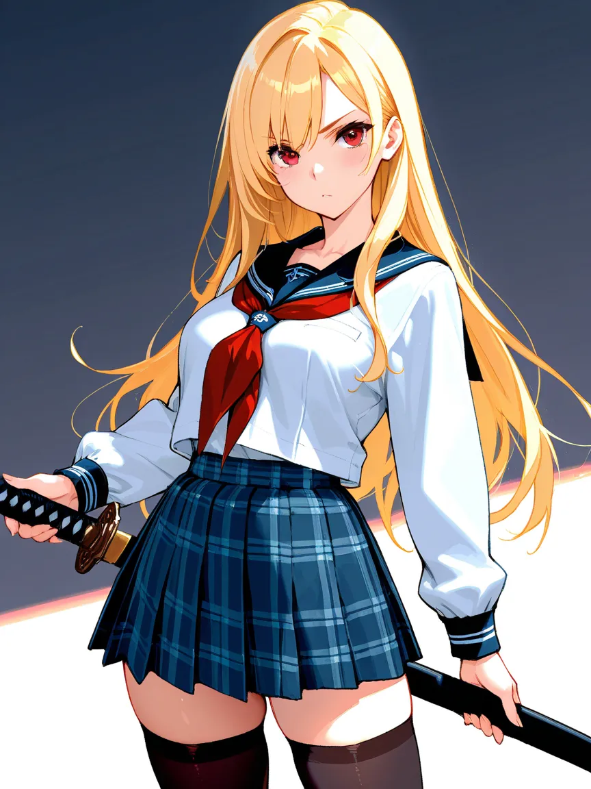 8k,masterpiece, best quality, ultra detailed, high resolution, super fine illustration, 1girl, solo, red eyes, blonde hair, long hair, school uniform, serafuku, pleated skirt, plaid skirt, thighhighs, holding Japanese sword,looking at viewer,