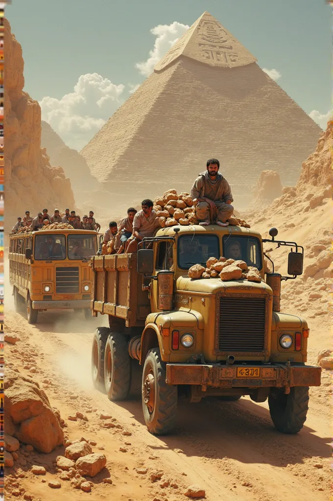 Create an image of a truck loaded with rocks going to the construction of the pyramids in Egypt and at the same time people from that time in a crowded bus in the Exodus 