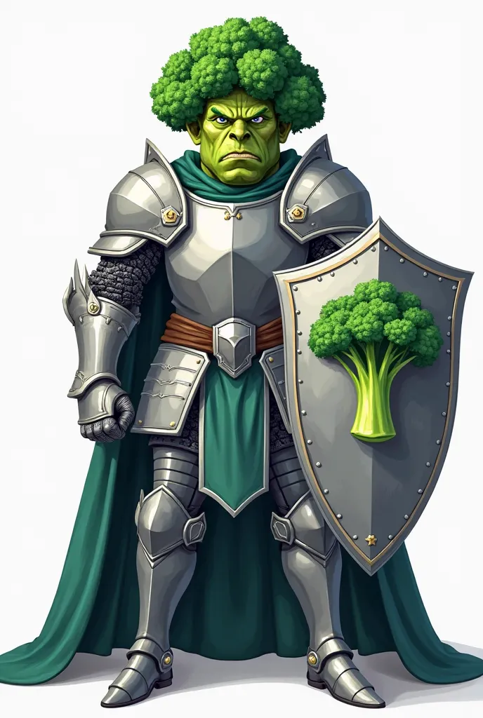 A grumpy broccoli knight in shining silver armor, holding a shield with a broccoli emblem, in 2D vector style on a white background."