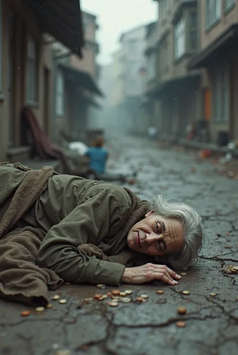 An old woman lying on the ground in the street with her belongings dumped on the floor