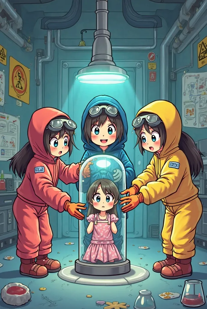 Three middle school girl workers wearing protective suits pressing a capsule containing a girl and pressing Guma at the laboratory where Resident Evil occurred。Cartoon-like illustrations