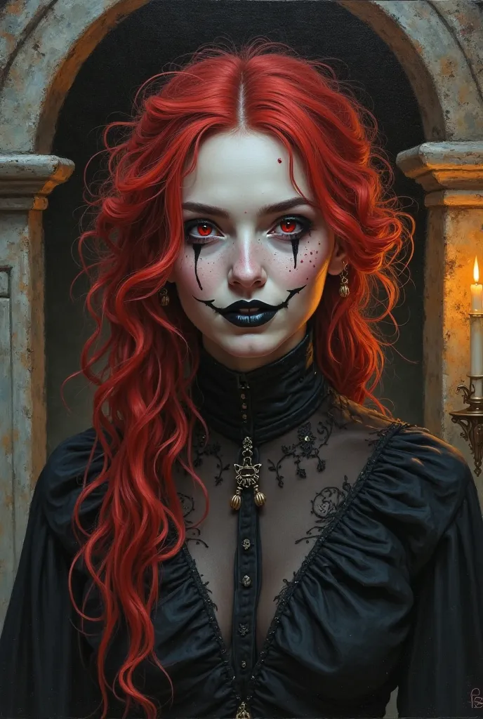 Portrait of a witch, pale face, black painted lips, red eyes, grinning evily, red wild curls, jinx, jinx arcane, freckles, arcane painting style, fantasy, tomb in backround, candlelight, 18 year old, round face, oil painting style,