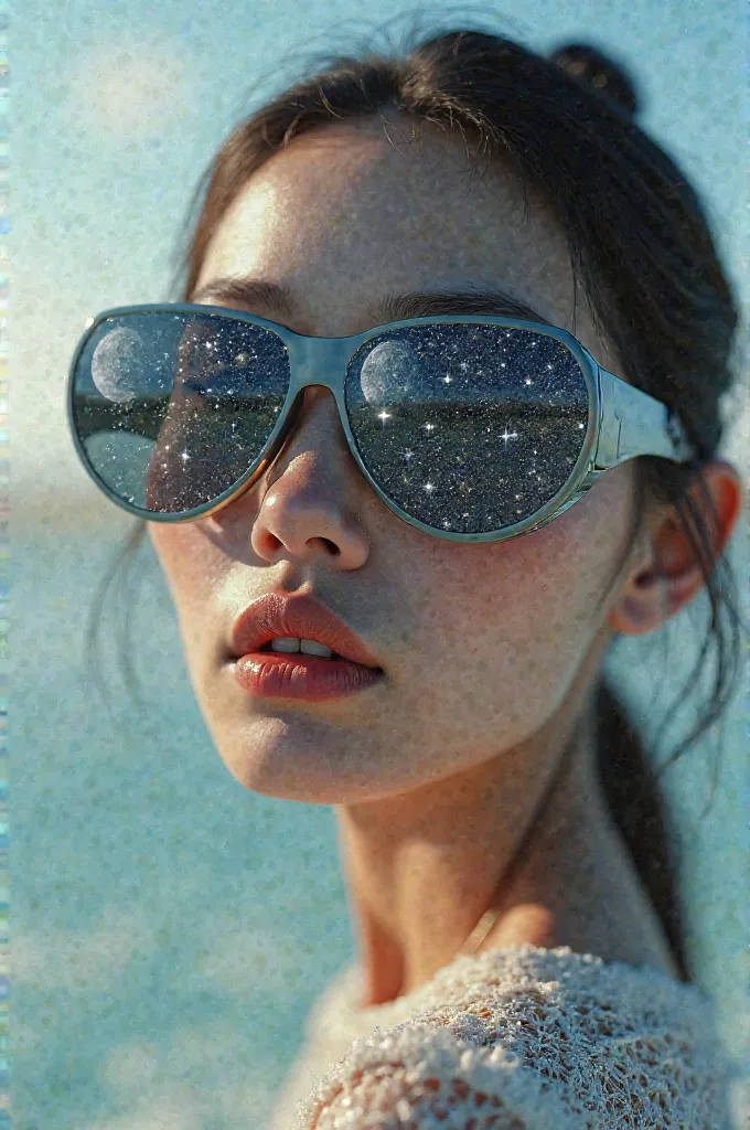 The model is wearing glass sunglasses with stars and the moon on the glass