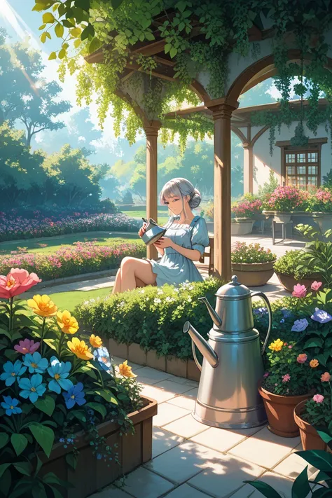 In a blooming garden、silver watering can in a blooming garden