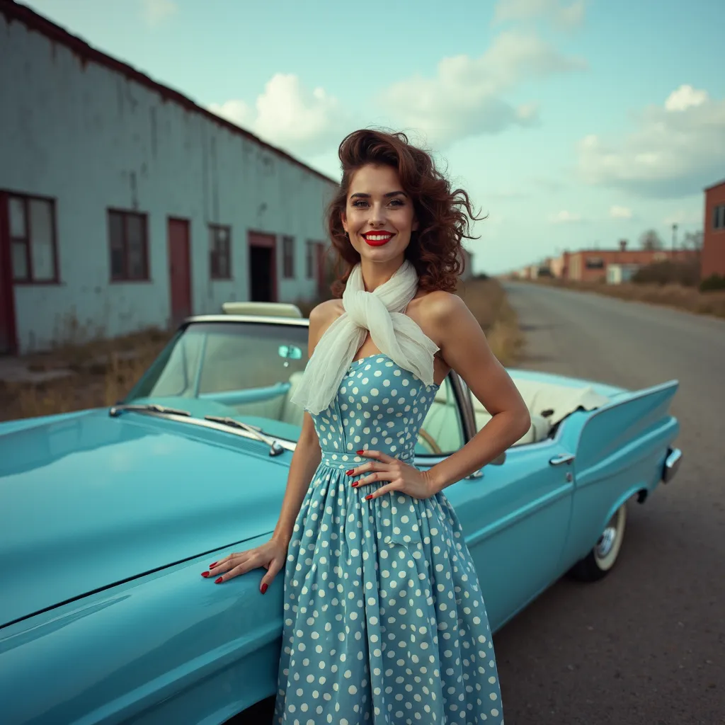 A woman with an enigmatic smile leaning against a vintage car in a deserted, retro-style location. The car, a gleaming baby blue convertible from the 1950s, stands out against the muted gray backdrop of a forgotten industrial area. She is dressed in a chic...