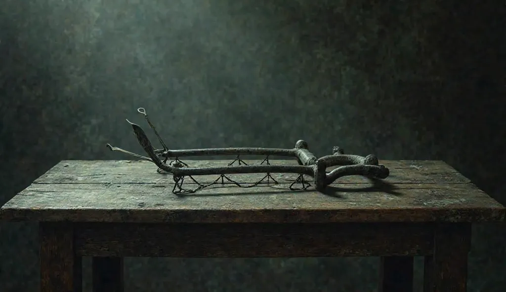 A dark, moody image of the Breast Ripper sitting on a wooden table, partially covered in shadow, as if history itself is trying to forget its horrifying past.

