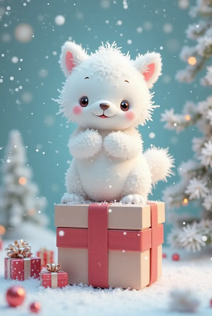 make me a lovely Christmas mascot, not santa, an adorable white cartoon animal made of snow, drawing form, the angle it wears on the gift box, create multiple angles on the other side away