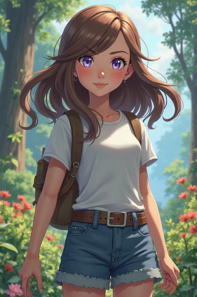 Girl pokemon trainer with brown hair and lilac eyes