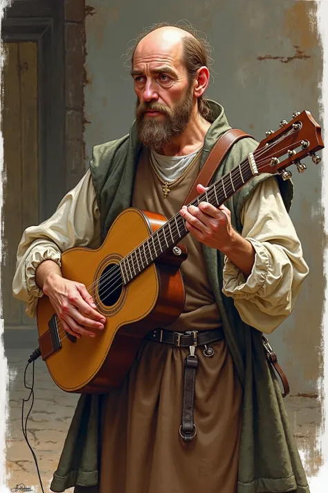 A realistic medieval fantasy portrait of a middle-aged troubadour. Symon is short, with thin brown balding hair, pink cheeks, and small pot belly.
He wears a doeskin jerkin. An adequate singer, he uses a twelve-stringed woodharp. Picture him performing in ...