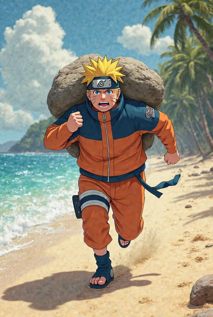 Naruto fat running on beach while carrying big rocks