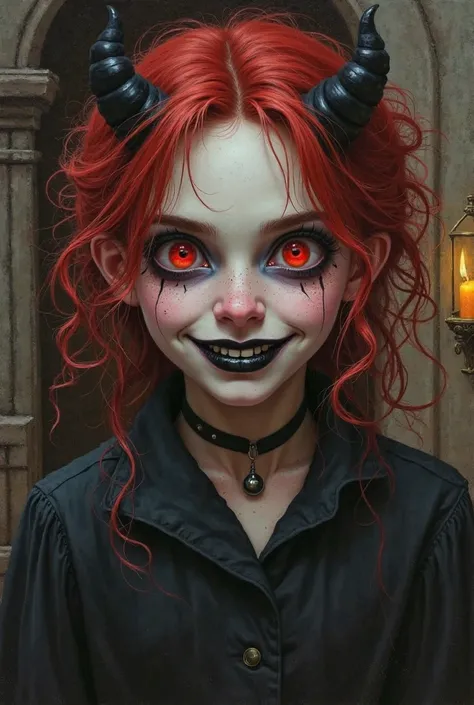 Portrait of a witch, pale face, black  lips, red eyes, grinning evily, red wild curls, jinx, jinx arcane, freckles, arcane painting style, fantasy, tomb in backround, candlelight, 18 year old, round face, oil painting style,