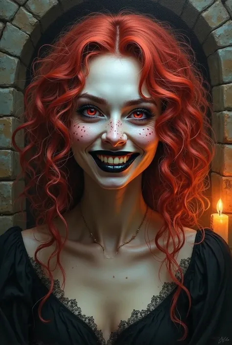 Portrait of a witch, pale face, black  lips, red eyes, grinning evily, evil, red wild curls, jinx, jinx arcane, freckles, arcane painting style, fantasy, tomb in backround, candlelight, 18 year old, round face, oil painting style,