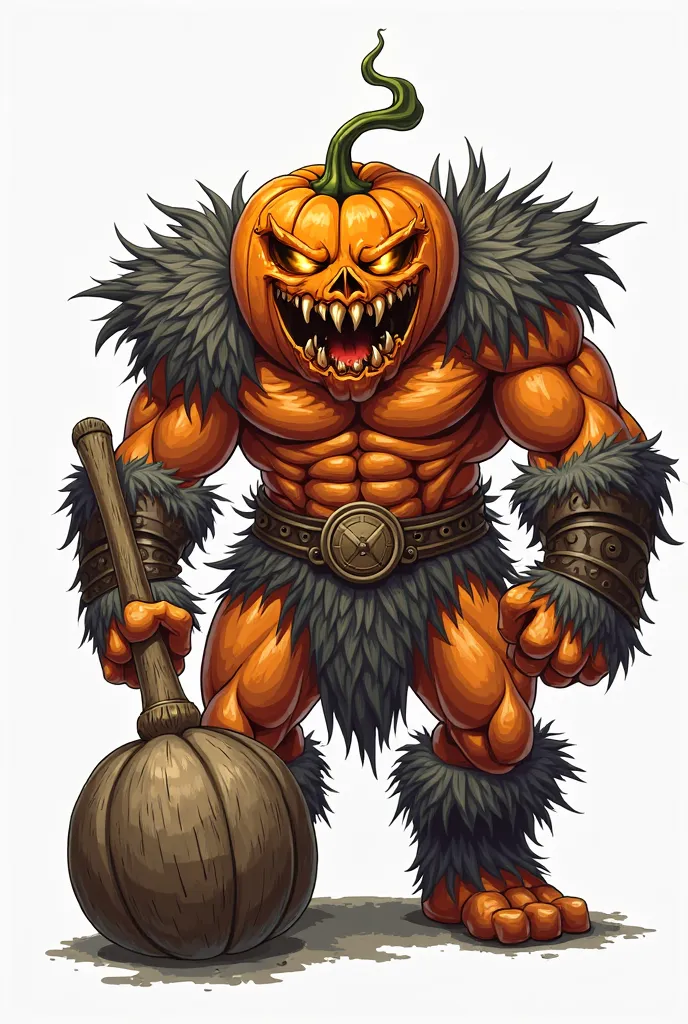 A pumpkin warrior carrying a large wooden club, wearing fur armor, and roaring fiercely, in 2D vector style on a white background."