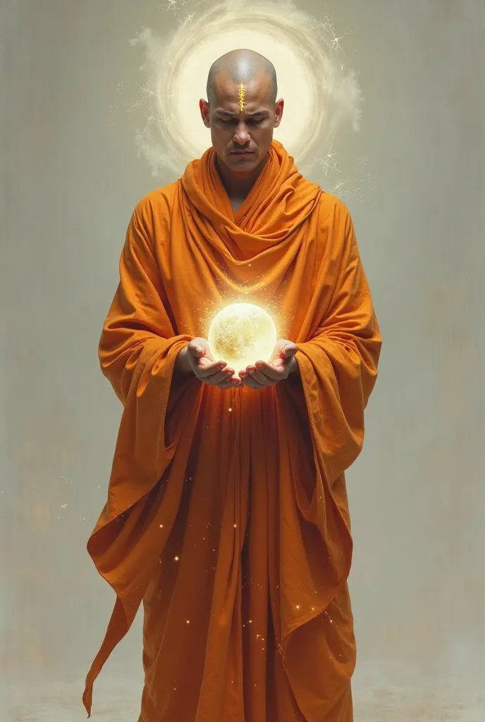 A monk wearing an orange robe with a blue body should have something like an eye on his head and then the earth in his hands.