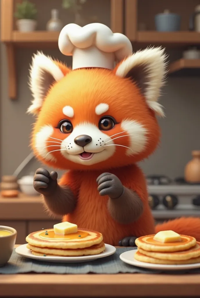 A cute and fluffy Red Panda wearing a tiny chef’s hat, flipping pancakes in a mini kitchen. The pancake flies too high and lands on its face, making it look surprised and funny. The kitchen is warm and cozy, with tiny utensils and a small stove. Cartoonish...