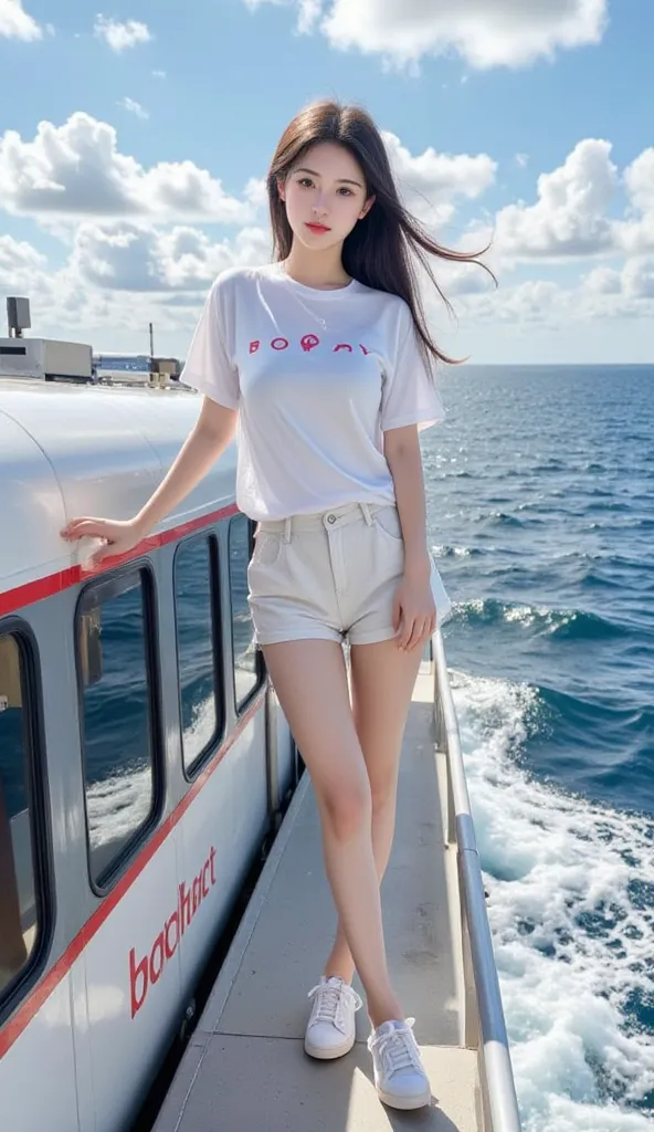 Young woman in t-shirt shorts , standing on boog train , On the sea 