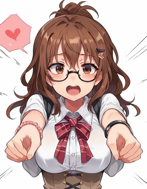 Score_9, Score_8_climb, Score_7_climb, Source_ Anime, Yasuko Koenji,  Brown Hair , Hair Accessories,  brown eyes, , a ponytail hairstyle , Ahogge,  glasses, Hair clip ,  glassesแบบครึ่งกรอบ,  glassesแบบครอบใต้ขอบ, big breasts,  Anime screencap, love note, ...