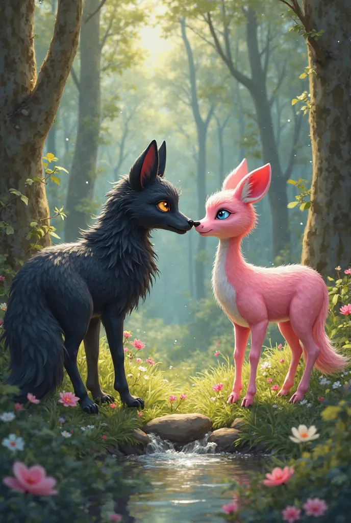 A black male fox and a pink female deer
