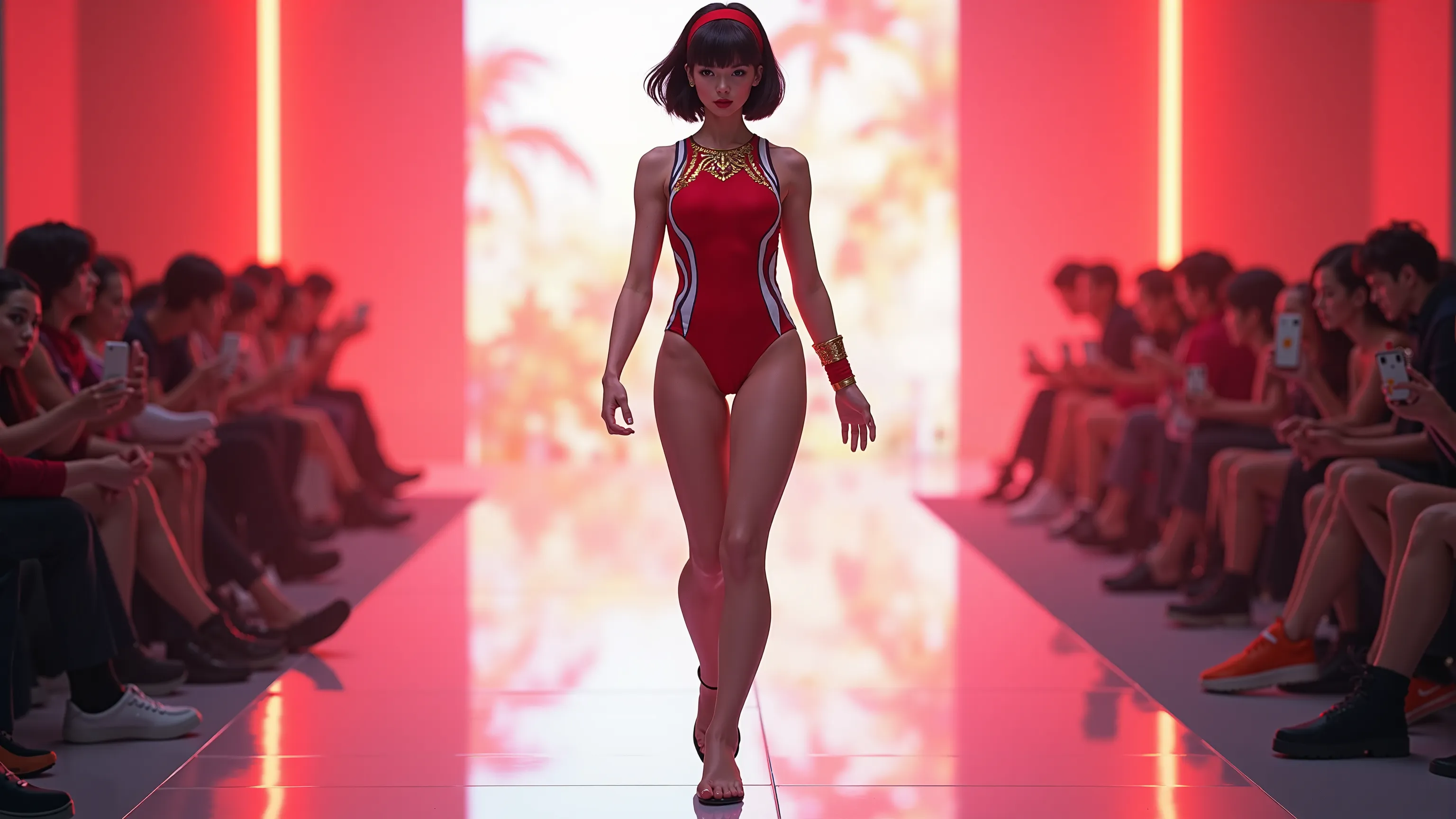 Create an ultra-realistic full-body image of Sakura from Street Fighter, confidently walking down a high-fashion runway. She is wearing a stylish, sporty swimsuit that maintains her iconic colors—vibrant red and white—blended with a contemporary, chic desi...