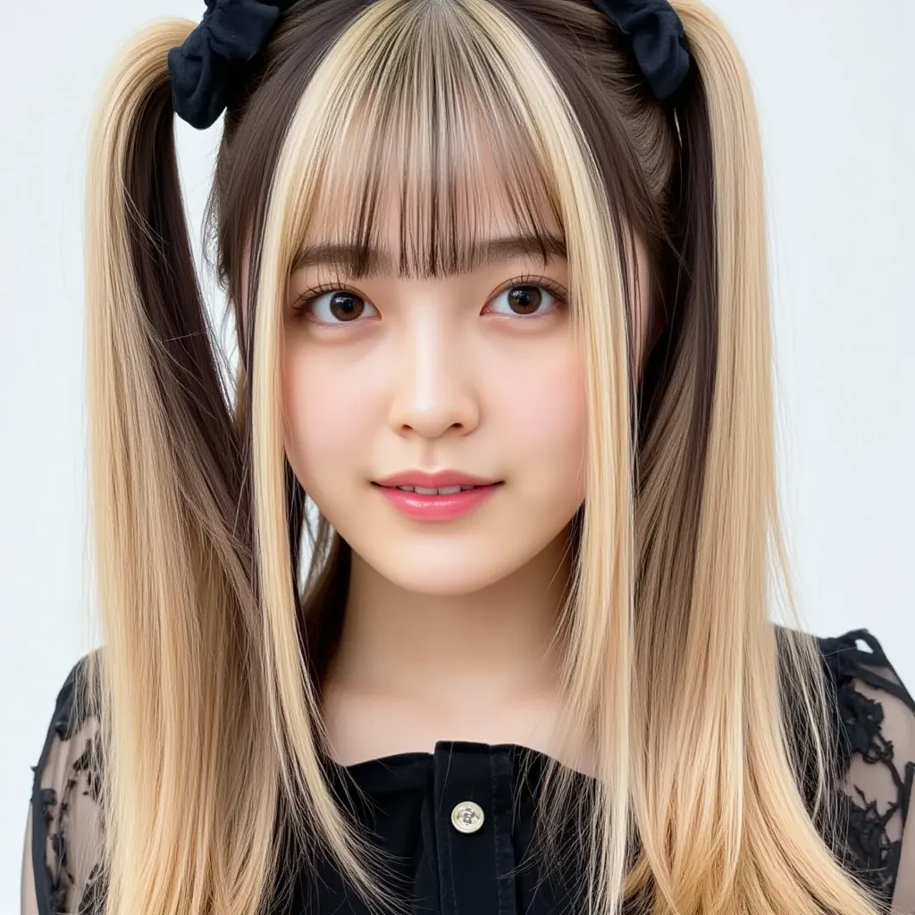 Two-tone blonde and black hair、long hair、 hairstyle is straight、 light background、black maid outfit、スーパーlong hair、 tall twin tails、close up the face