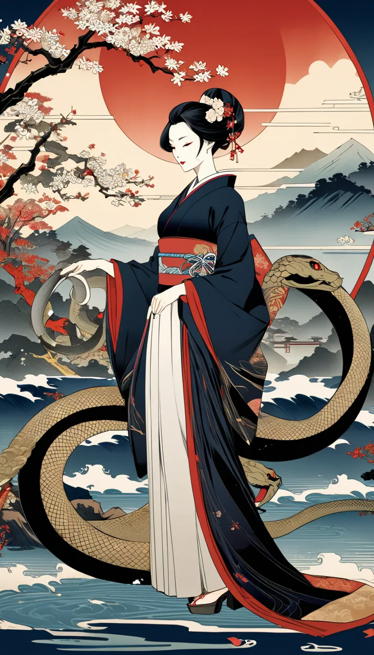 Ukiyo-e, ultra complexe haute détail, belle culture traditionnelle japonaise,  jouant avec un serpent 