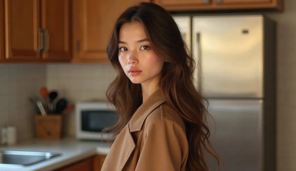 young and beauitful lady with brown hairs and tight figure wearing a brown coat standing in a kitchen