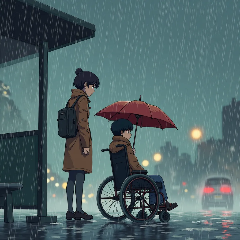 A woman and her son in a wheelchair at the bus stop waiting for the bus to arrive , Intense rain, in anime.