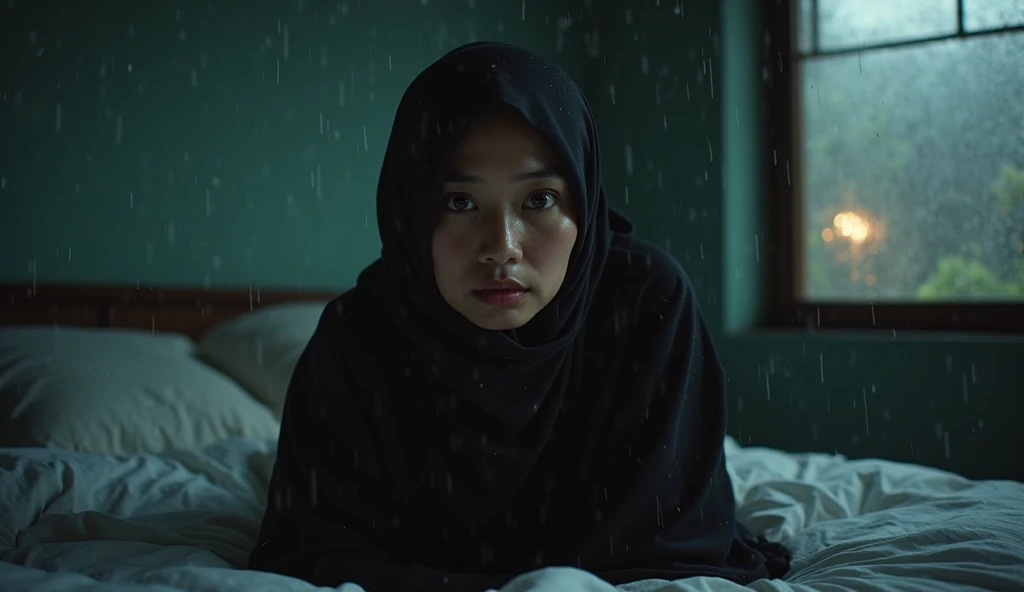 a beautiful 25-year-old Indonesian woman wearing a black headscarf and a blue shirt is crying from inside the room, sitting on a bed facing the camera, close up, ultra realistic, HD, 4K, cinematic lighting, dramatic angle, epic atmosphere,  background , gl...