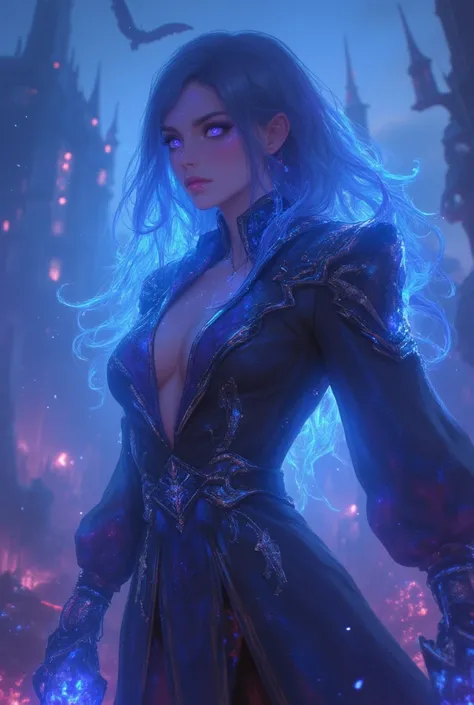 Smooth Quality - "A mesmerizing female demon hunter with ethereal blue hair and glowing violet eyes, summoning magical energy to banish a monstrous demon. She wears an intricately designed battle robe with glowing runes, and her dual blades shimmer with ce...