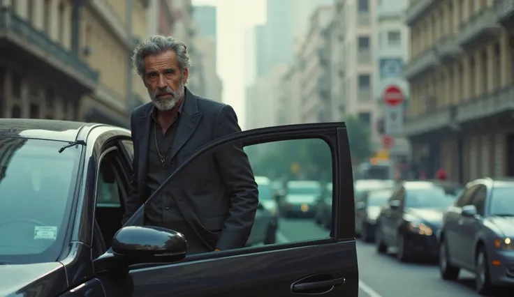 Long shot of a 30-year-old man quietly stepping out from a car back door . we see side view of the car