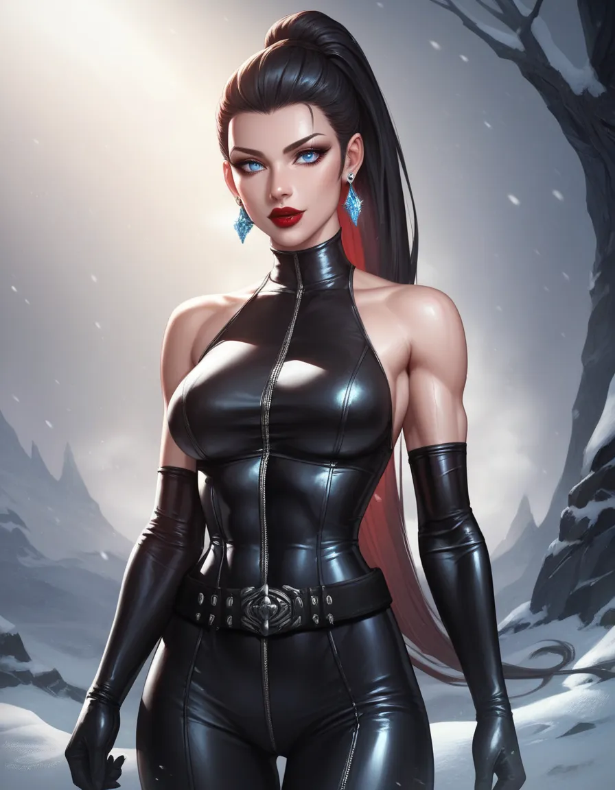 female black sleeveless latex bodysuit, black belt, black long tight pants, racerback, bare shoulders, long gloves, black gloves, toned arms, beautiful faces, black ponytail with showing forehead, long sleek ponytail, earrings, soft smooth skin, pale skin,...