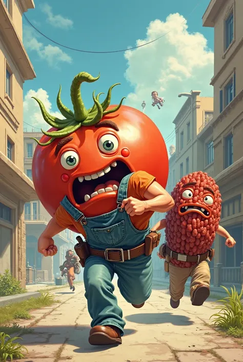 repair man and tomato run away from man raisins