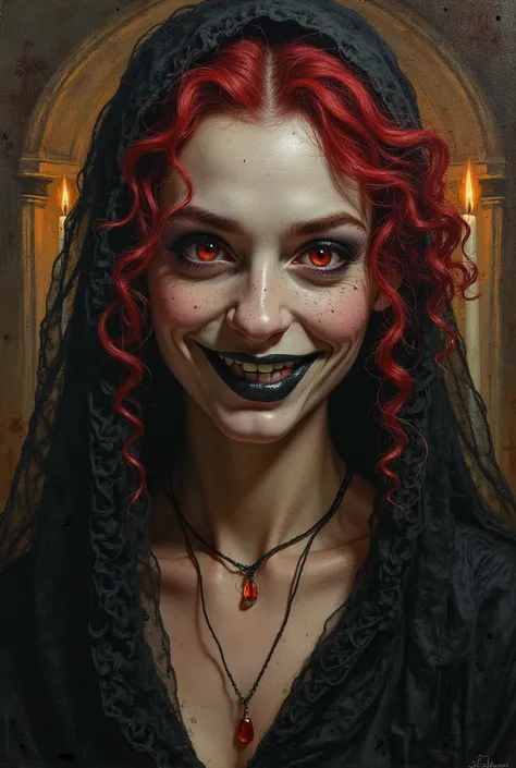 Portrait of a witch, pale face, black  lips, red eyes, grinning evily, evil, red wild curls, jinx, jinx arcane, freckles, arcane painting style, fantasy, tomb in backround, candlelight, round face, oil painting style, dark atmosphere, strong light focus, 