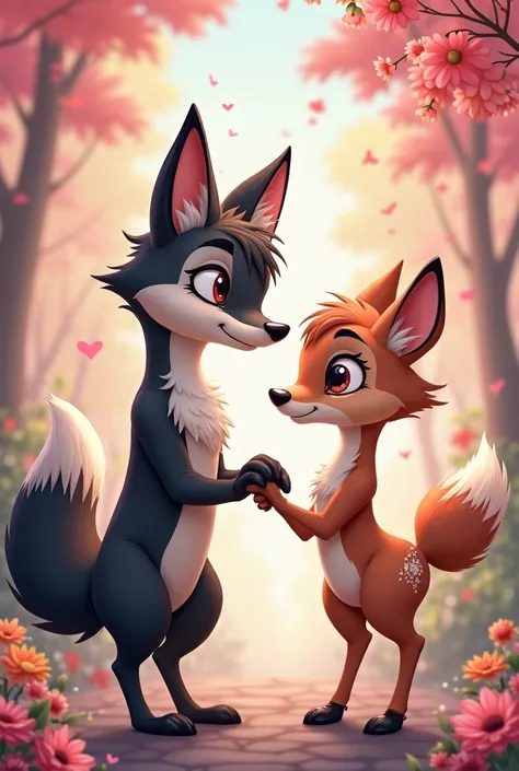 A black male fox and a pink female deer cartoon style couple