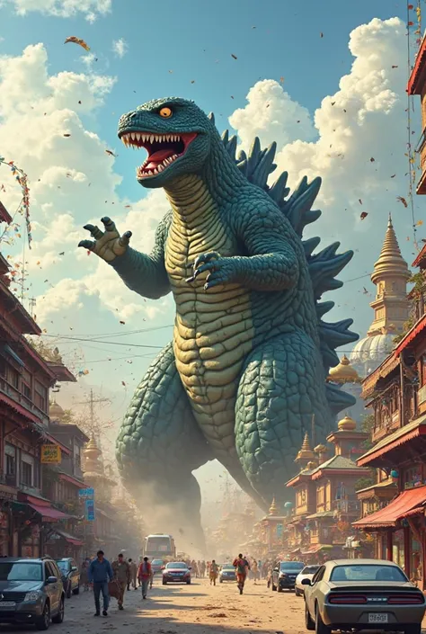 A massive Godzilla rampaging through Kathmandu city, but in a playful and joyful mood. Godzilla has a big, goofy grin, wide eyes filled with excitement, and his body language shows him dancing and smashing buildings with lighthearted glee. He is waving his...