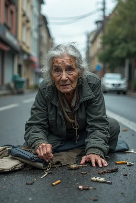 An old woman with fear sitting on the asphalt in the middle of the street with her bag and keys dumped on the floor is full HD quality.