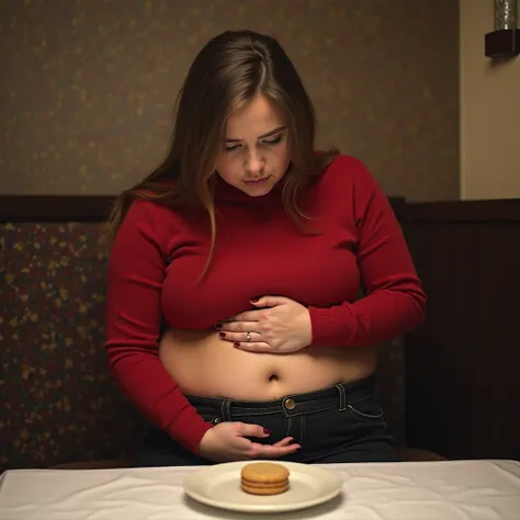 Beautiful young woman in a red sweater with tight black pants, extreamly bloated midsection, unbuckled belt, anxious face expression looking down, wide eyes, closed mouth with puckered lips, trying Not to throw up, holding her abdomen with both hands, sitt...