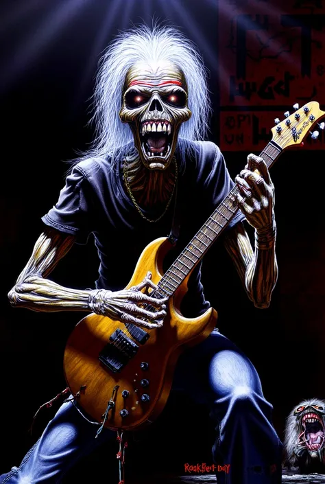 A skull zombie with white hair and tshirt, wearing jeans pants is playing guitar. Painting in the style of ir0nm41d3n artstyle