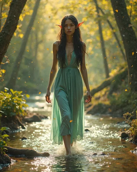 
"In an enchanted forest bathed in the golden light of the sun, an ethereally beautiful female elf, greenish skin , Walk barefoot through the crystal clear waters of a stream. Her long dark hair falls in a cascade, limp, reflecting the flashes of light bet...