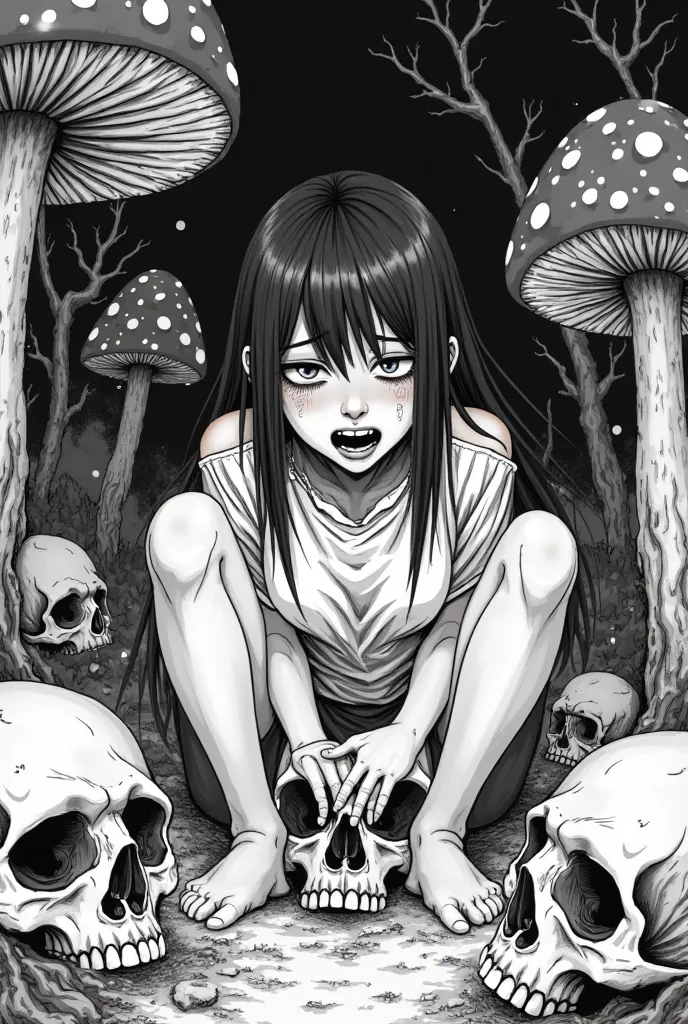  ((black and white)) manga style girl keeps crying, near the skulls and Mukhamorv, keeps crying  "subscribe to the Griboyeda Society"