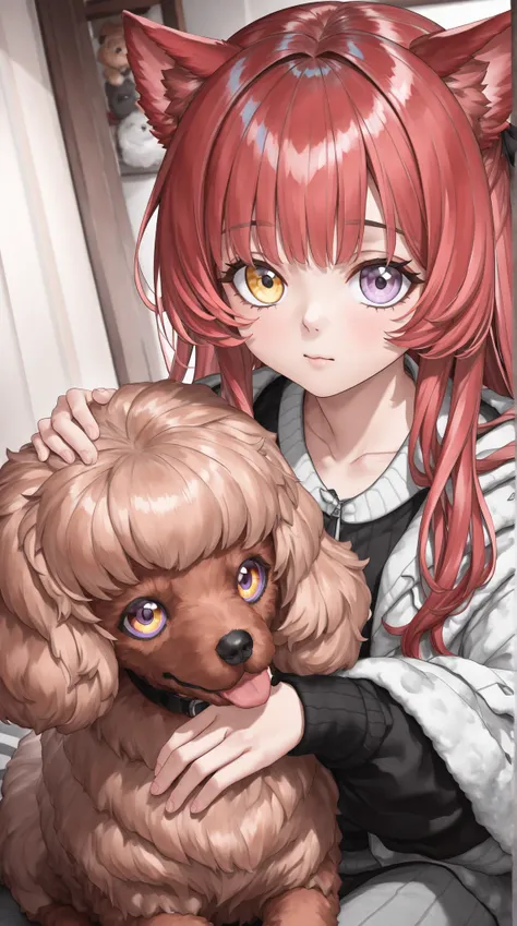  A boy with red hair dog ears is petting a cute toy poodle whose right eye is purple and the left eye is yellow, and the black mesh is attached to one part of the bangs  