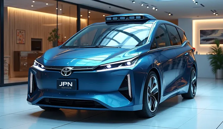 A high-quality 4K realistic image of a futuristic JPN Auto Taxi, designed by Toyota, standing in a luxury showroom. The vehicle has a sleek, modern look with a glossy blue finish. The front prominently displays the Toyota logo and the 'JPN' branding on the...