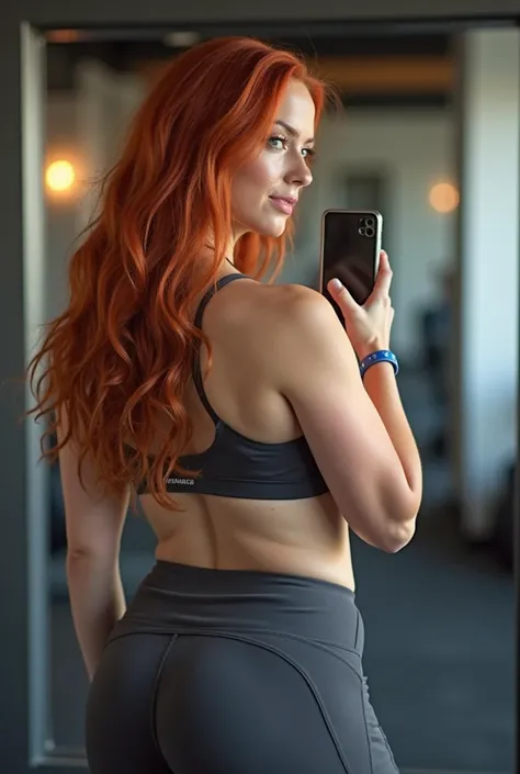 A red-haired woman with a curvaceous body, weighing about 67 kg, taking a photo in front of the mirror with her smartphone. She wears gym clothes, highlighting her curves in a natural way. Her long red hair falls softly over her shoulders, and she has a co...